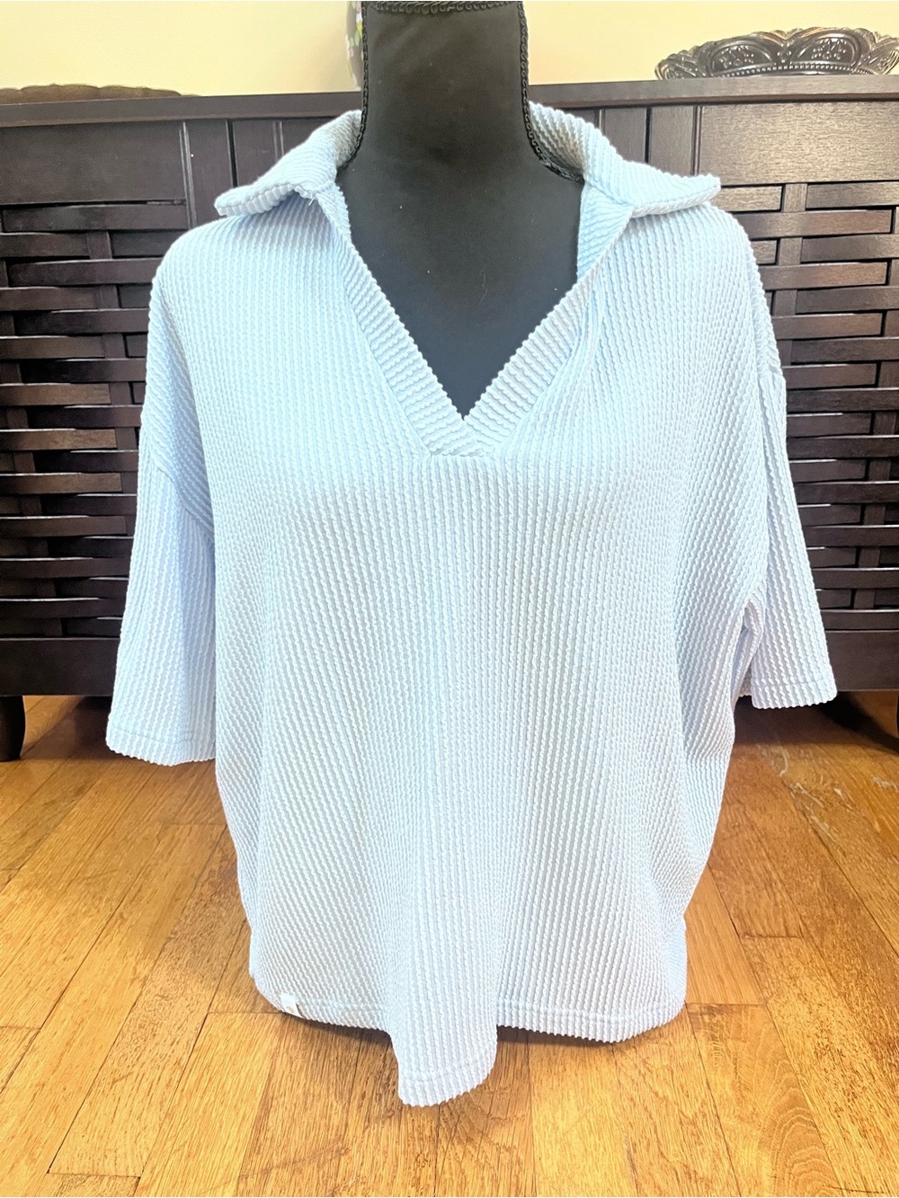 Simply Southern Light Blue Short Sleeve V‑Neck Knit Top